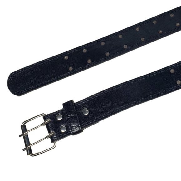 Men's Unisex Black Genuine Leather Two Prong Row Belt 2 Pieces / 2 Belts - Picture 3 of 4